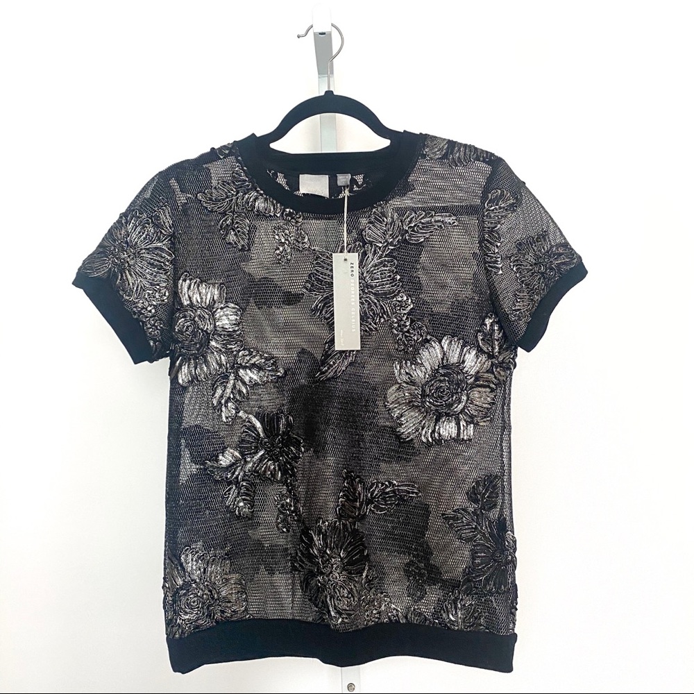 NEW Black Dressy Top with Silver Floral Detailing